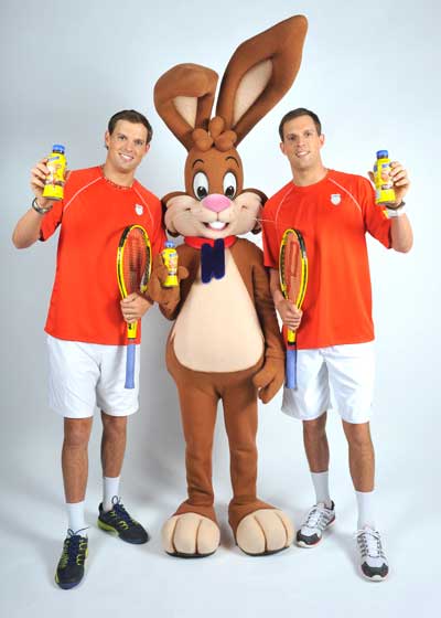 World tennis champions and sponsored Nesquik-athletes Bob and Mike Bryan, along with the Nesquik Bunny, enjoy the great taste of chocolate milk and have since they were kids